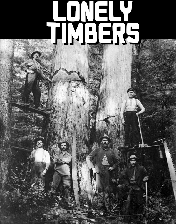 A group of lumberjacks posing before a giant tree.