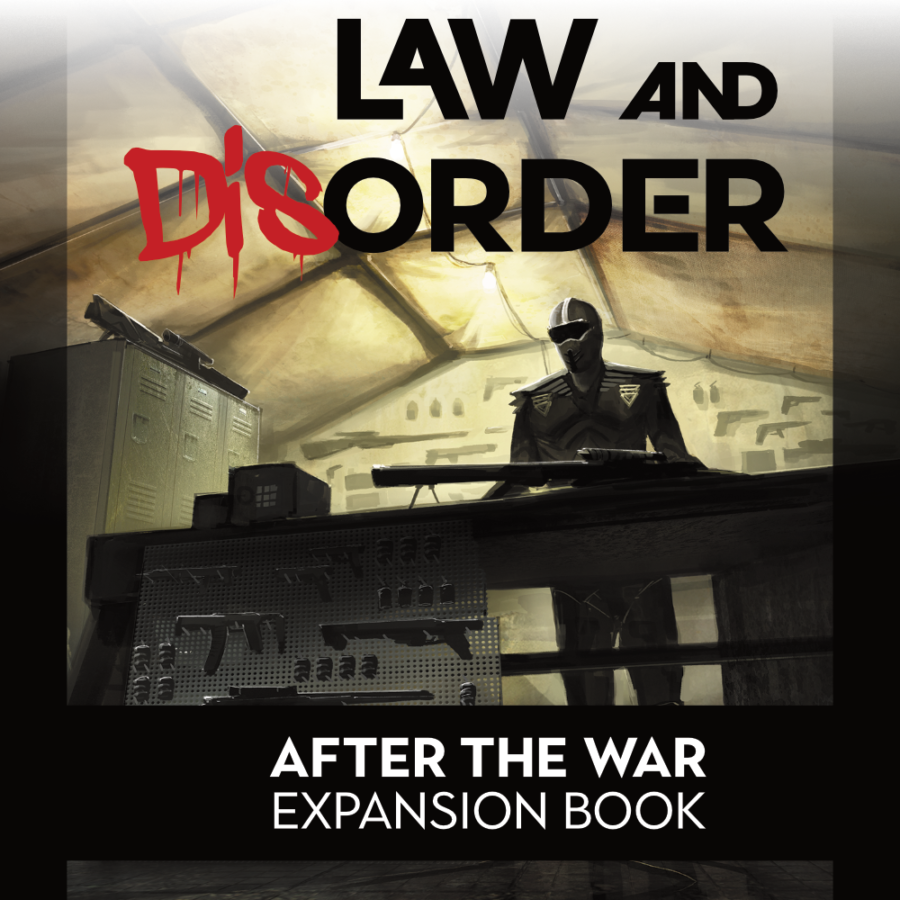 Law and Disorder Cover, with a militarized law enforcement officer standing behind a table full of guns.